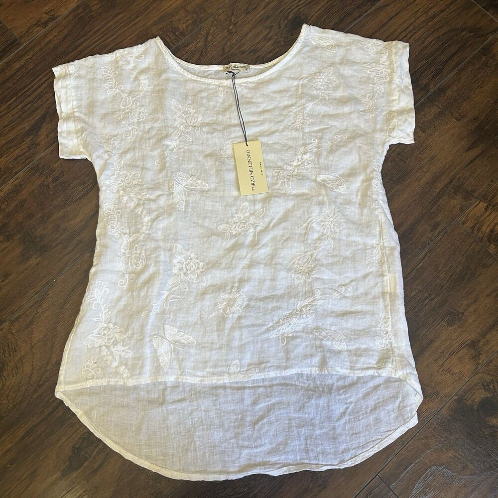 Terzo Millennio Linen Floral Embroidered Top White Womens Size Small Coastal